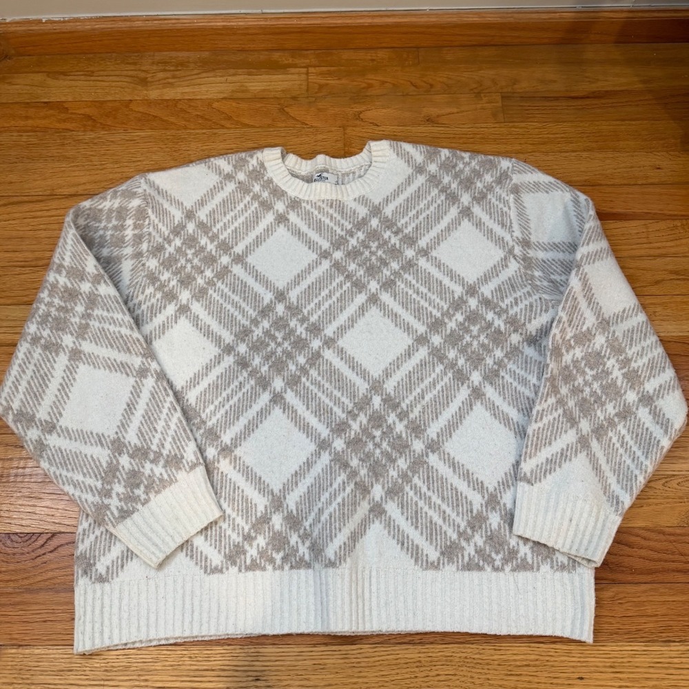 Hollister Womens Plaid Crewneck Sweater Tan Cream Knit Pullover Size M